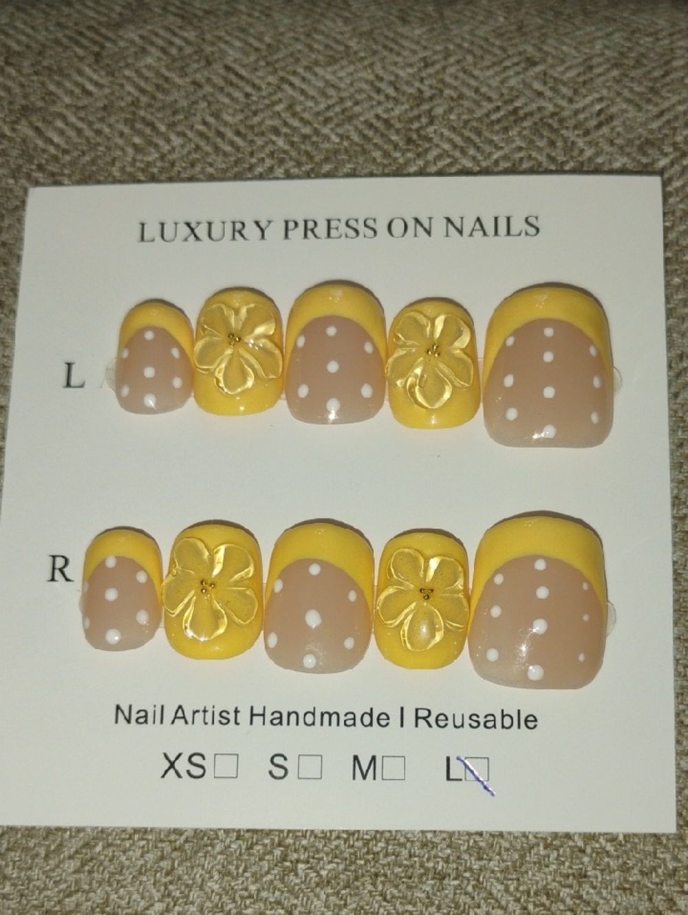 Handmade Yellow Floral Polka Dot Press-On Nails - Reusable Set